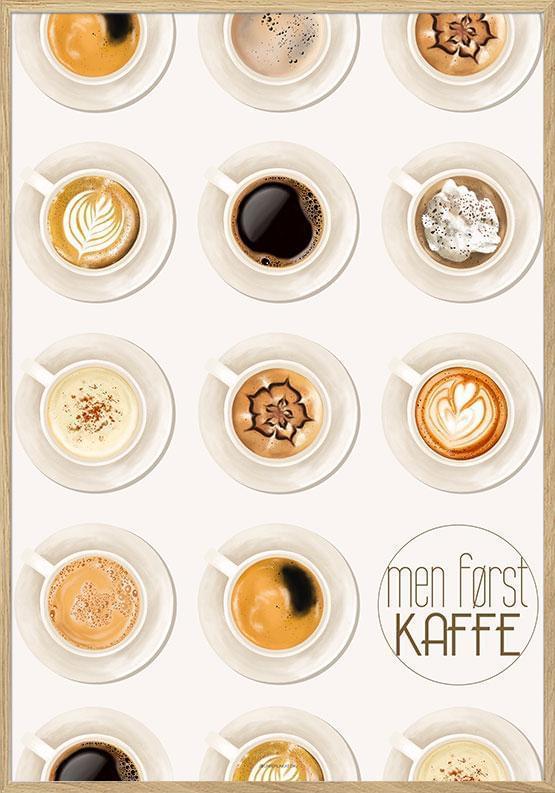 Kaffeplakat med forskellige kaffetyper og kopper